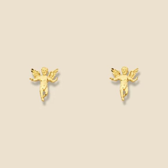 14k Yellow solid Gold Angel Stud Earrings (11 mm X 8 mm) | Gift for Mother | - Picture 2 of 10